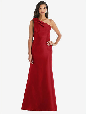 【STYLE: D794】Bow One-Shoulder Satin Trumpet Gown【COLOR: Garnet】