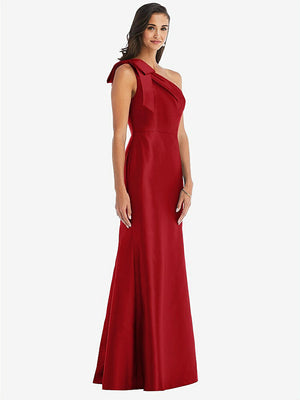 【STYLE: D794】Bow One-Shoulder Satin Trumpet Gown【COLOR: Garnet】