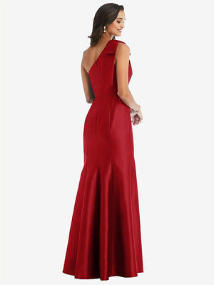 【STYLE: D794】Bow One-Shoulder Satin Trumpet Gown【COLOR: Garnet】
