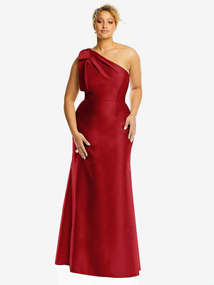 【STYLE: D794】Bow One-Shoulder Satin Trumpet Gown【COLOR: Garnet】