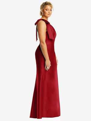 【STYLE: D794】Bow One-Shoulder Satin Trumpet Gown【COLOR: Garnet】