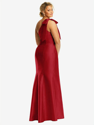 【STYLE: D794】Bow One-Shoulder Satin Trumpet Gown【COLOR: Garnet】