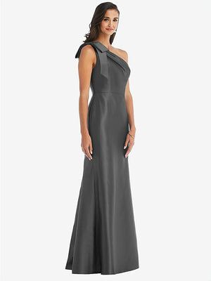 【STYLE: D794】Bow One-Shoulder Satin Trumpet Gown【COLOR: Gunmetal】