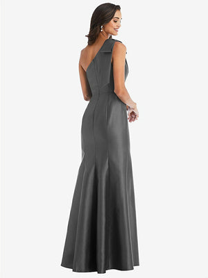 【STYLE: D794】Bow One-Shoulder Satin Trumpet Gown【COLOR: Gunmetal】
