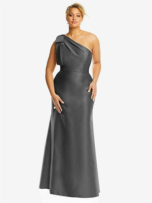 【STYLE: D794】Bow One-Shoulder Satin Trumpet Gown【COLOR: Gunmetal】