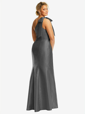 【STYLE: D794】Bow One-Shoulder Satin Trumpet Gown【COLOR: Gunmetal】