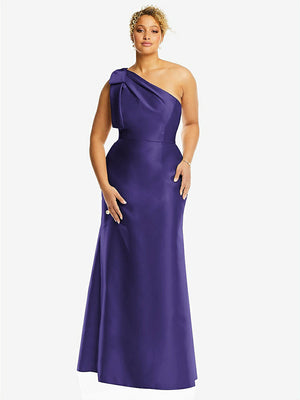 【STYLE: D794】Bow One-Shoulder Satin Trumpet Gown【COLOR: Grape】