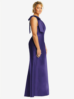【STYLE: D794】Bow One-Shoulder Satin Trumpet Gown【COLOR: Grape】