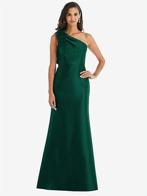 【STYLE: D794】Bow One-Shoulder Satin Trumpet Gown【COLOR: Hunter Green】