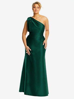 【STYLE: D794】Bow One-Shoulder Satin Trumpet Gown【COLOR: Hunter Green】