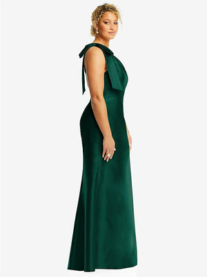 【STYLE: D794】Bow One-Shoulder Satin Trumpet Gown【COLOR: Hunter Green】