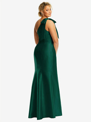 【STYLE: D794】Bow One-Shoulder Satin Trumpet Gown【COLOR: Hunter Green】