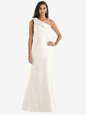 【STYLE: D794】Bow One-Shoulder Satin Trumpet Gown【COLOR: Ivory】