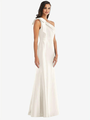 【STYLE: D794】Bow One-Shoulder Satin Trumpet Gown【COLOR: Ivory】