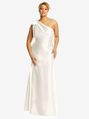 【STYLE: D794】Bow One-Shoulder Satin Trumpet Gown【COLOR: Ivory】