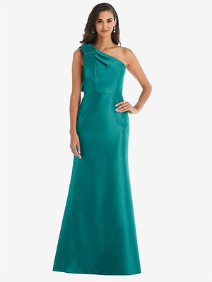 【STYLE: D794】Bow One-Shoulder Satin Trumpet Gown【COLOR: Jade】