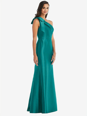 【STYLE: D794】Bow One-Shoulder Satin Trumpet Gown【COLOR: Jade】