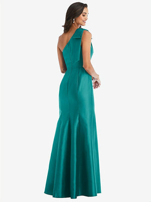 【STYLE: D794】Bow One-Shoulder Satin Trumpet Gown【COLOR: Jade】