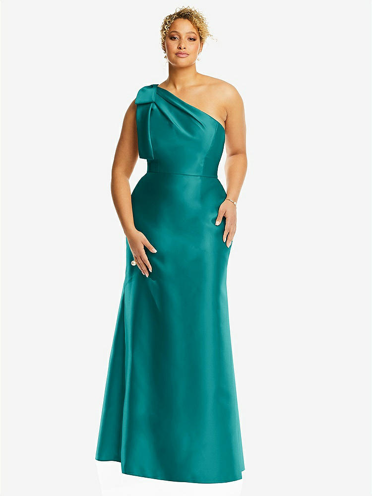【NEW】【STYLE: D794】弓 ワンショルダー サテン トランペット ガウン【COLOR: Jade】【SIZE: 00-30W】