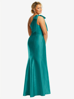 【STYLE: D794】Bow One-Shoulder Satin Trumpet Gown【COLOR: Jade】
