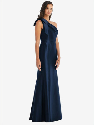 【STYLE: D794】Bow One-Shoulder Satin Trumpet Gown【COLOR: Midnight Navy】
