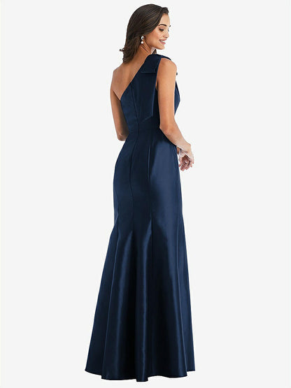 【NEW】【STYLE: D794】弓 ワンショルダー サテン トランペット ガウン【COLOR: Midnight Navy】【SIZE: 00-30W】