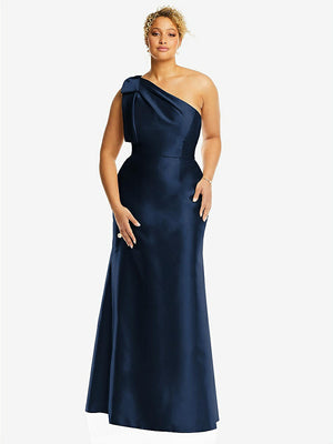 【STYLE: D794】Bow One-Shoulder Satin Trumpet Gown【COLOR: Midnight Navy】
