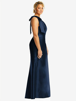 【STYLE: D794】Bow One-Shoulder Satin Trumpet Gown【COLOR: Midnight Navy】