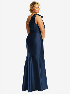 【STYLE: D794】Bow One-Shoulder Satin Trumpet Gown【COLOR: Midnight Navy】