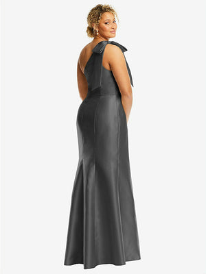 【STYLE: D794】Bow One-Shoulder Satin Trumpet Gown【COLOR: Pewter】