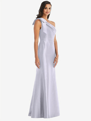 【STYLE: D794】Bow One-Shoulder Satin Trumpet Gown【COLOR: Silver Dove】
