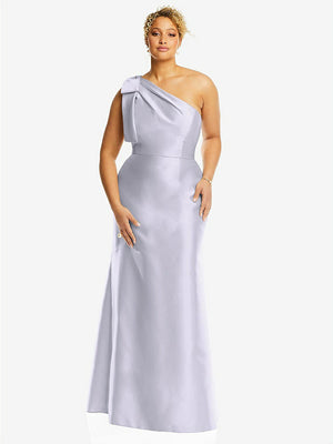 【STYLE: D794】Bow One-Shoulder Satin Trumpet Gown【COLOR: Silver Dove】