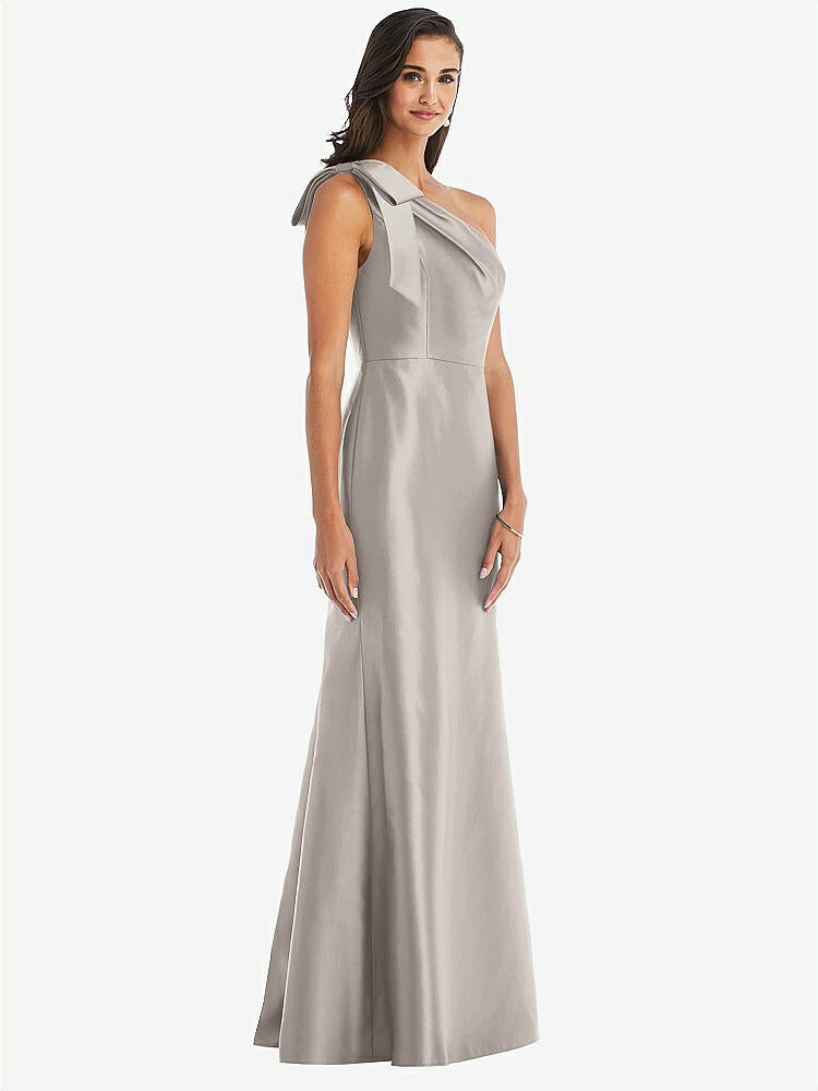 STYLE D794 Bow One Shoulder Satin Trumpet Gown COLOR Taupe BridesmaidsJP