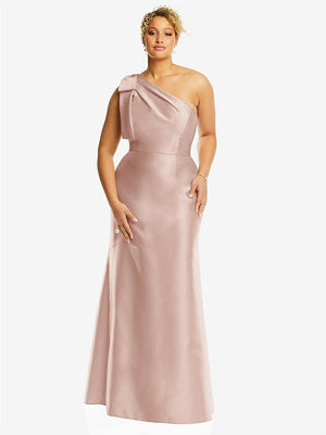 【STYLE: D794】Bow One-Shoulder Satin Trumpet Gown【COLOR: Toasted Sugar】