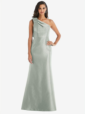 【STYLE: D794】Bow One-Shoulder Satin Trumpet Gown【COLOR: Willow Green】