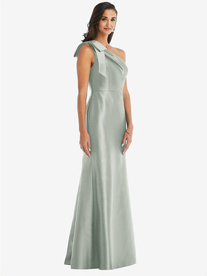【STYLE: D794】Bow One-Shoulder Satin Trumpet Gown【COLOR: Willow Green】