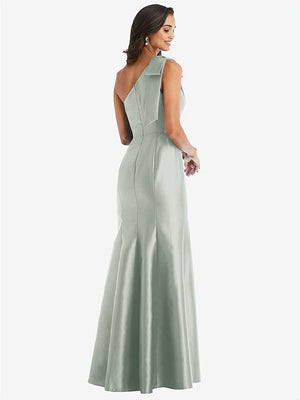 【STYLE: D794】Bow One-Shoulder Satin Trumpet Gown【COLOR: Willow Green】