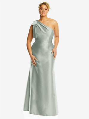 【STYLE: D794】Bow One-Shoulder Satin Trumpet Gown【COLOR: Willow Green】