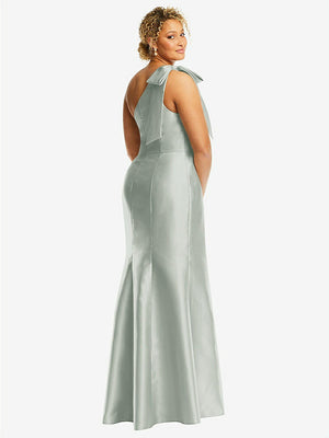 【STYLE: D794】Bow One-Shoulder Satin Trumpet Gown【COLOR: Willow Green】