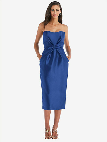 【STYLE: D796】Strapless Bow-Waist Pleated Satin Pencil Dress with Pockets【COLOR: Classic Blue】