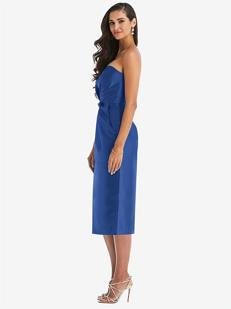 【STYLE: D796】Strapless Bow-Waist Pleated Satin Pencil Dress with Pockets【COLOR: Classic Blue】