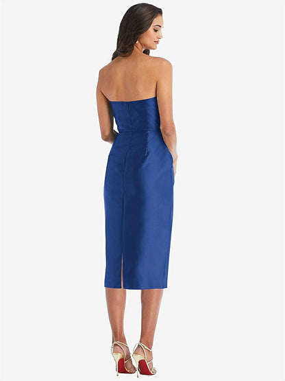 【STYLE: D796】Strapless Bow-Waist Pleated Satin Pencil Dress with Pockets【COLOR: Classic Blue】