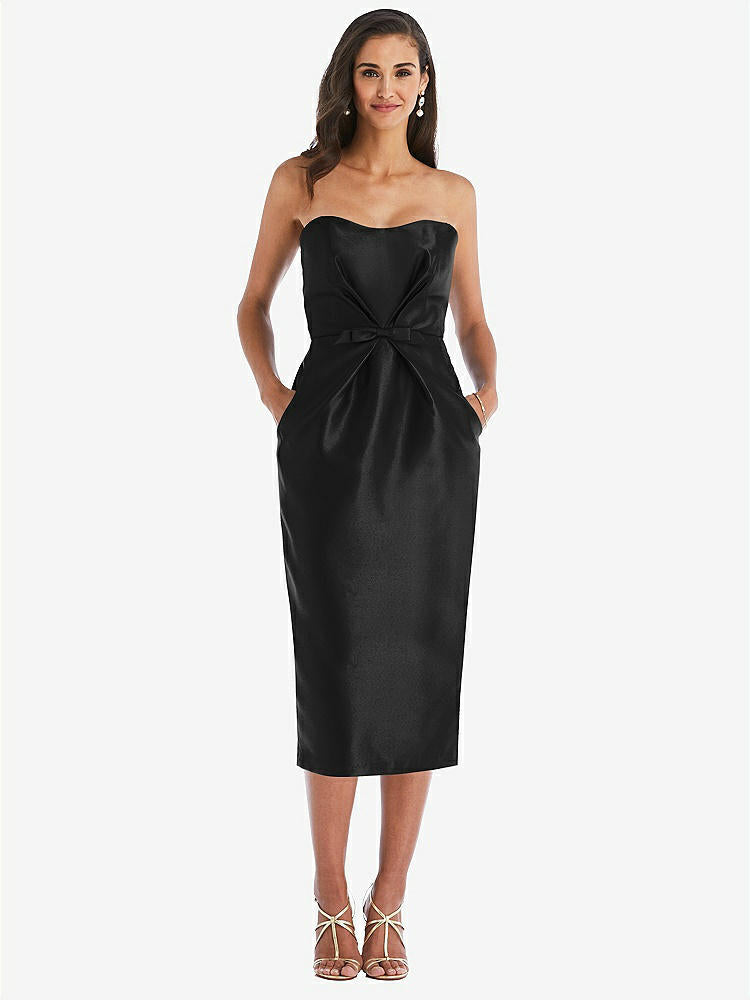 【STYLE: D796】Strapless Bow-Waist Pleated Satin Pencil Dress with Pockets【COLOR: Black】