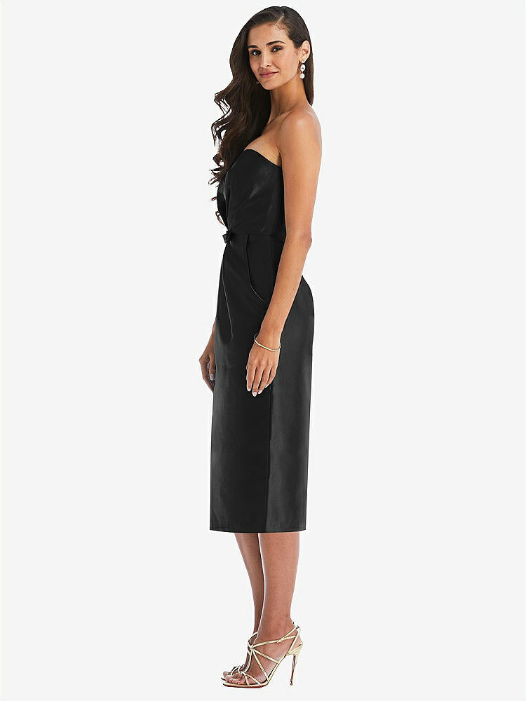 【STYLE: D796】Strapless Bow-Waist Pleated Satin Pencil Dress with Pockets【COLOR: Black】