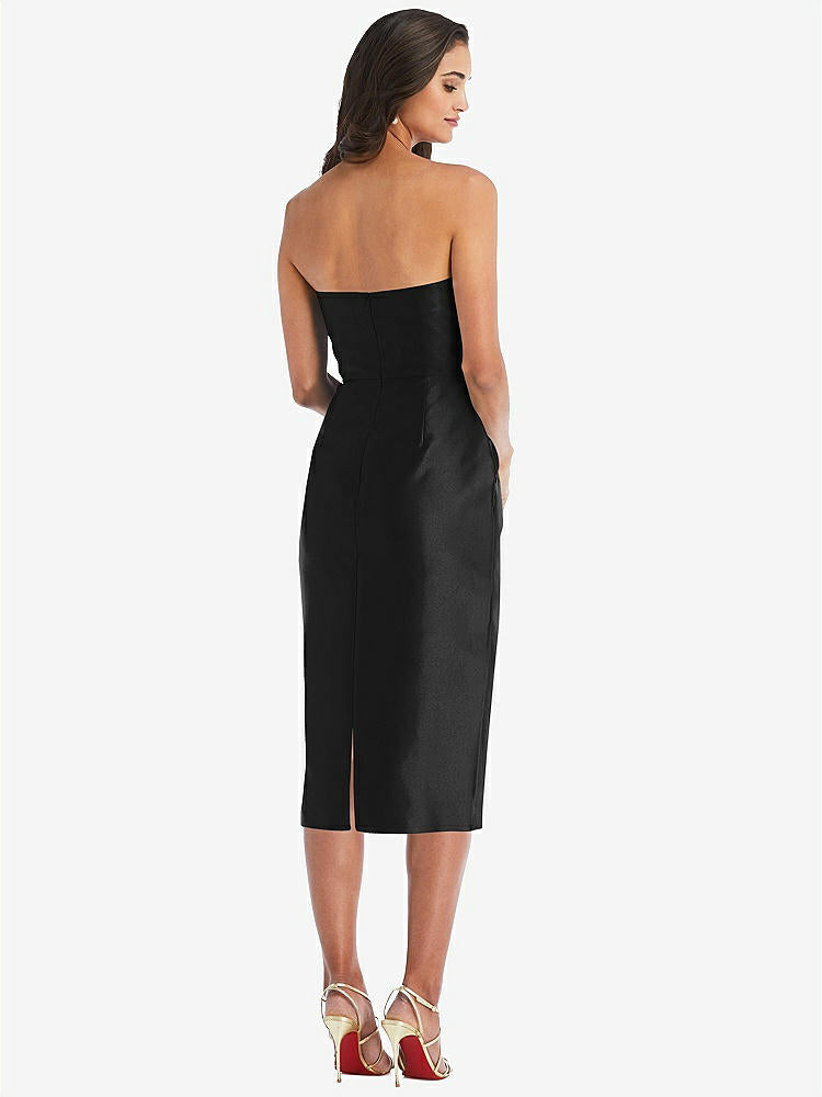 【STYLE: D796】Strapless Bow-Waist Pleated Satin Pencil Dress with Pockets【COLOR: Black】