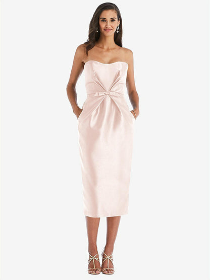 【STYLE: D796】Strapless Bow-Waist Pleated Satin Pencil Dress with Pockets【COLOR: Blush】