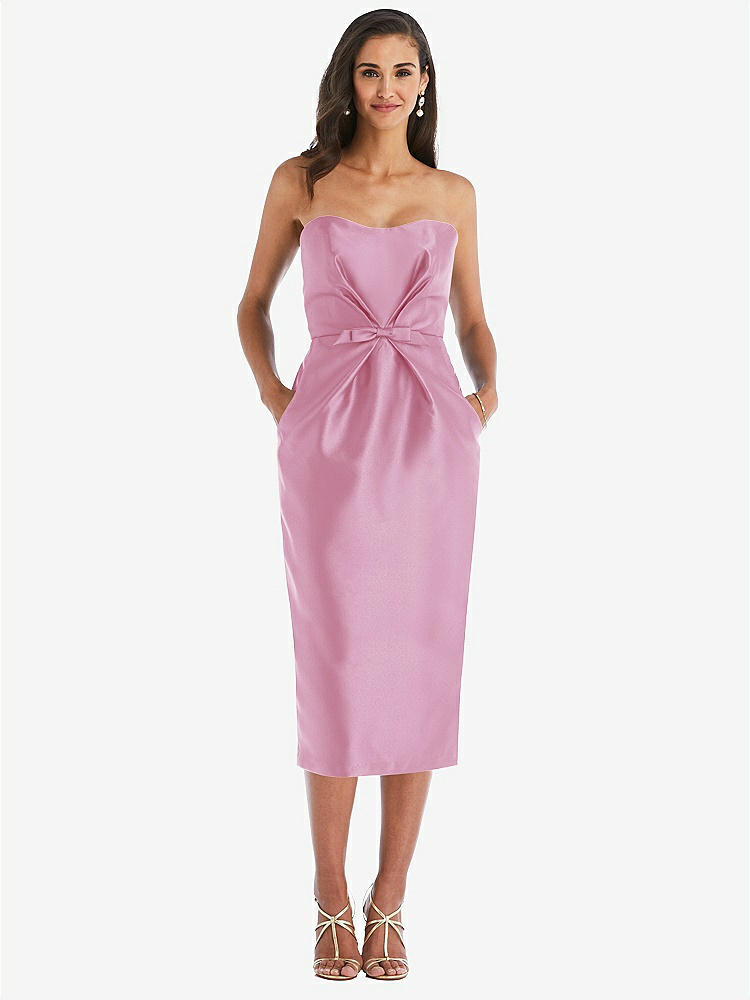 【STYLE: D796】Strapless Bow-Waist Pleated Satin Pencil Dress with Pockets【COLOR: Powder Pink】