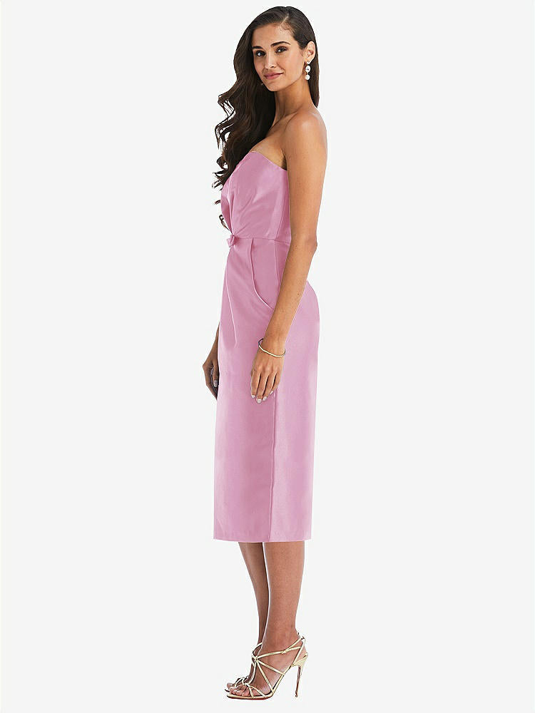 【STYLE: D796】Strapless Bow-Waist Pleated Satin Pencil Dress with Pockets【COLOR: Powder Pink】