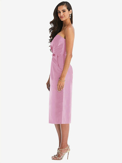 【STYLE: D796】Strapless Bow-Waist Pleated Satin Pencil Dress with Pockets【COLOR: Powder Pink】