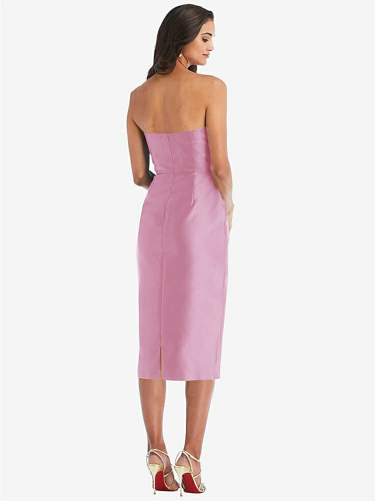 【STYLE: D796】Strapless Bow-Waist Pleated Satin Pencil Dress with Pockets【COLOR: Powder Pink】